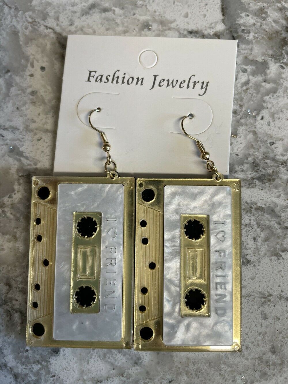 Cassette Tape Fashion Earrings 80s Gold White Hook Dangle Pierced NEW